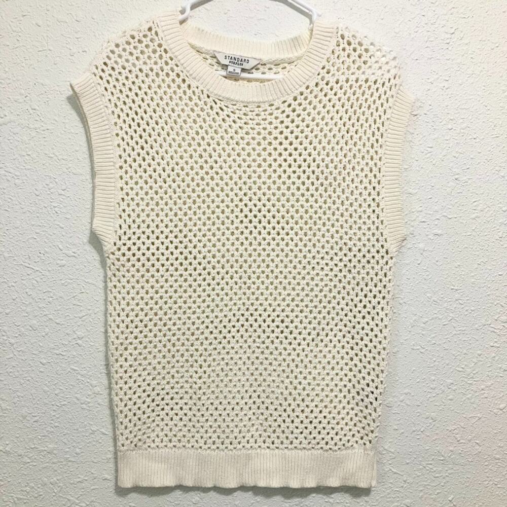 Standard Surplus Cream Crochet Open Knit Sweater Vest Women's Size S Cotton